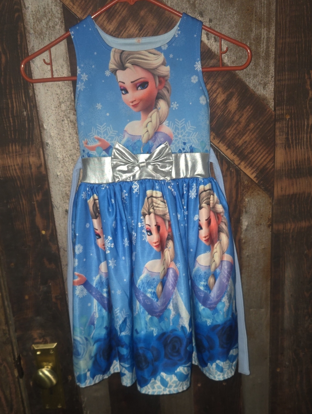 Blue Elsa-Print Girls' Dress with Silver Bow